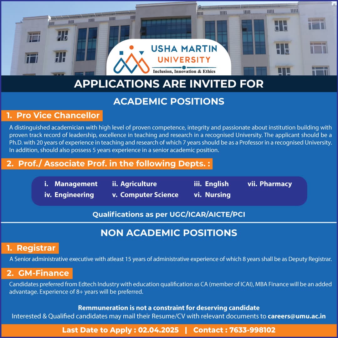 USHA Martin University Academic Non Academic Positions Recruitment 2025